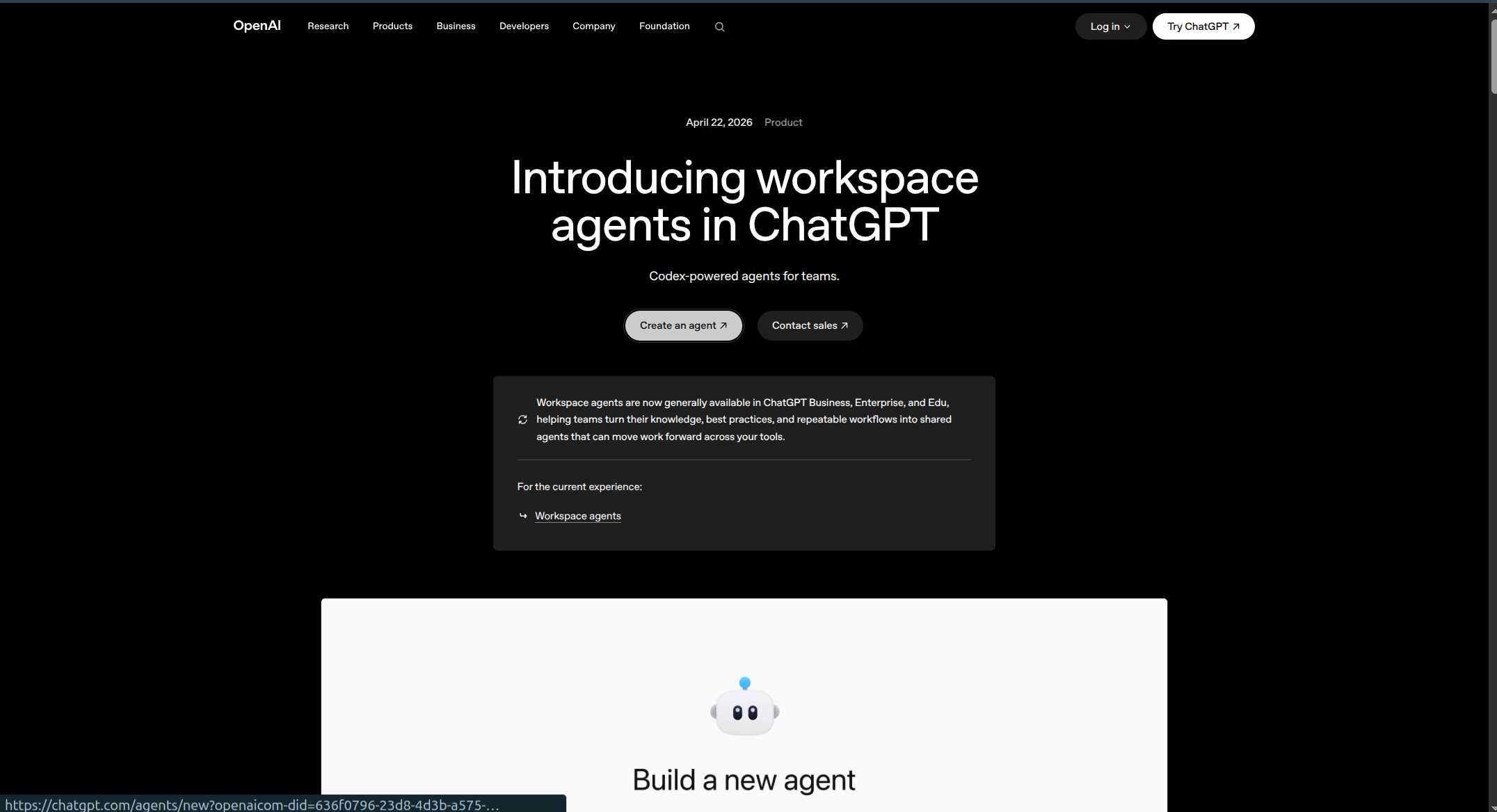 Workspace Agents ChatGPT screenshot
